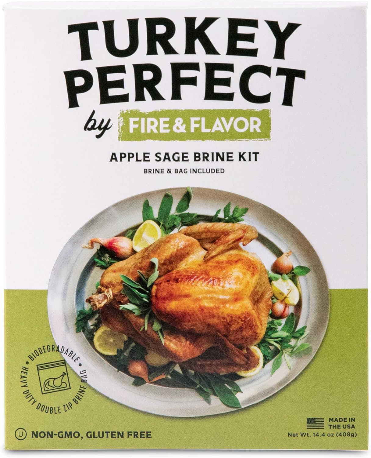 Fire & Flavor Apple Sage Turkey Perfect Brine - Turkey Brine Kit with Bag for Roasting, Grilling, Smoking, and Frying - Brining Seasonings for Cooking and Turkey Brine Bag - Turkey Brine and Rub Kit