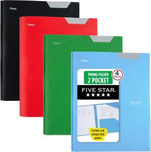 Home Five Star 2-Pocket Plastic Folder with Stay-Put Tabs and Prong Fasteners, Holds 8.5" x 11" Paper, Assorted Colors, 4 Pack (340300A)