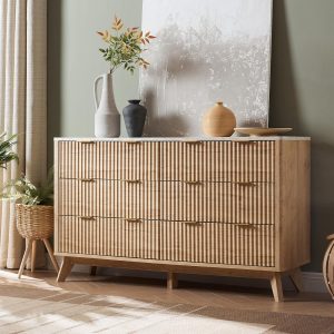 T4TREAM 54" Wide Fluted 6 Drawer Dresser for Bedroom, Natural Oak | Mid Century Modern, Faux Marble Top, Curved Profile, Metal Handles, Anti-tip Kit, Smooth Slides, for Living Room, Hallway