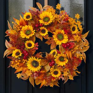 24 Inch Harvest Fall Wreaths for Front Door with Sunflower and Red Berries | Artificial Silk Autumn Leaf Wreaths - Indoor Outdoor Weatherproof Thanksgiving Halloween Farmhouse Front Door Decor