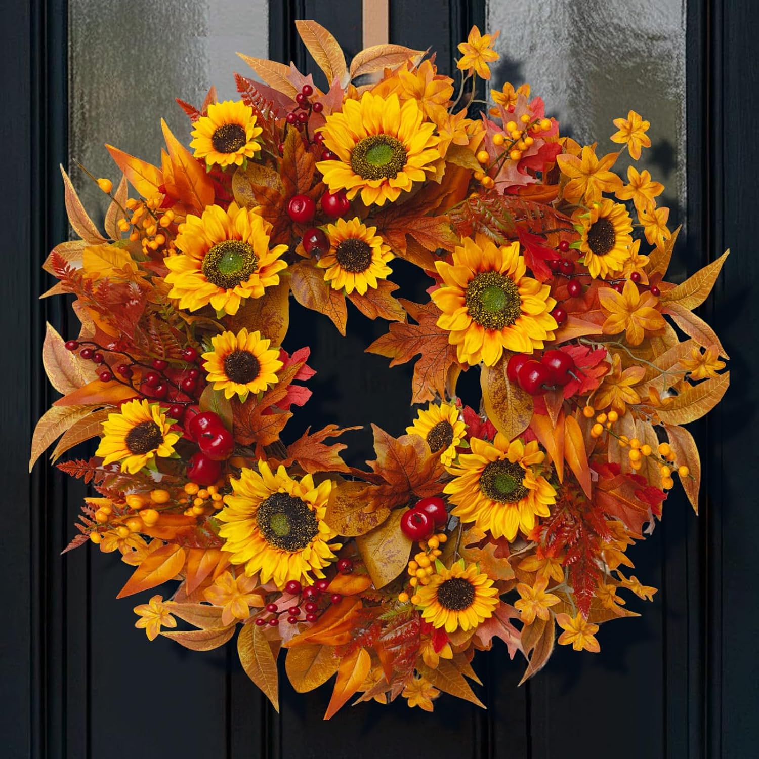 24 Inch Harvest Fall Wreaths for Front Door with Sunflower and Red Berries | Artificial Silk Autumn Leaf Wreaths - Indoor Outdoor Weatherproof Thanksgiving Halloween Farmhouse Front Door Decor