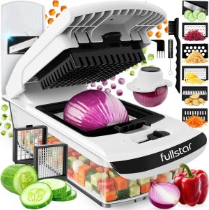 Fullstar Pro Original Vegetable Chopper & Mandoline Slicer Kitchen Gadget | 8 in 1 Veggie Slicer, Onion & Fruit Cutter with Sharp Stainless Steel Blades & Container, All-in-One Meal Prep Tool (White)