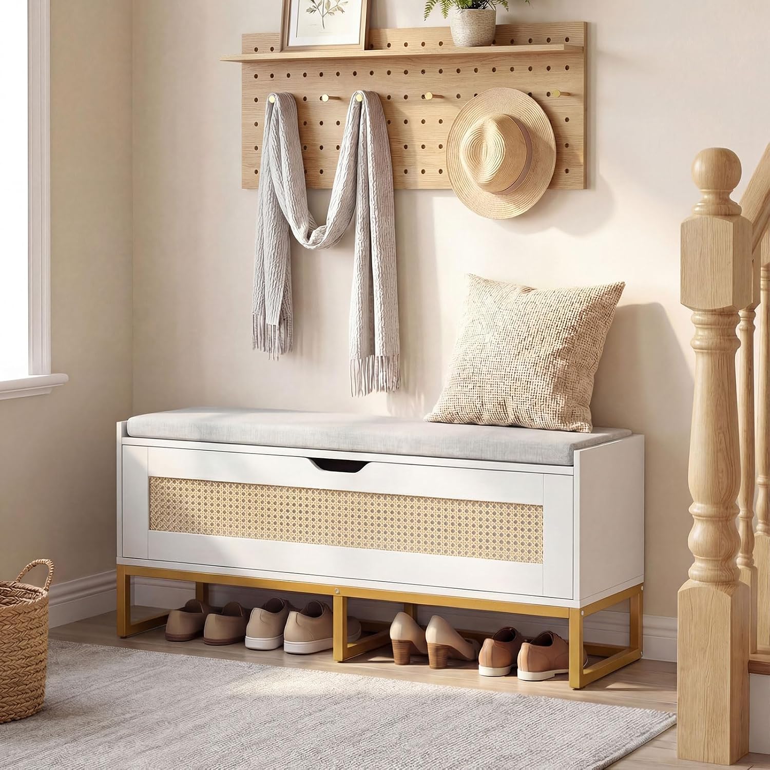 GOFLAME Modern 39.5" White Rattan Storage Bench, Padded Flip-Top Seat - Image 2
