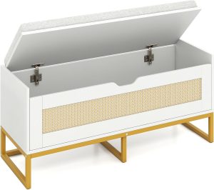 GOFLAME Rattan Storage Chest, 39.5" Entryway Bench, White | Padded Seat Cushion, Flip-top Hidden Storage, Safety Hinges, Elevated Legs, Modern, Entryway Bedroom Living Room