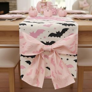 Pink and Black Halloween Table Runner with Bowknot Pastel Bat Table Decoration for Haunted House Holiday Party Gothic Kitchen Dining Indoor Tabletop Decor 13x72 Inch