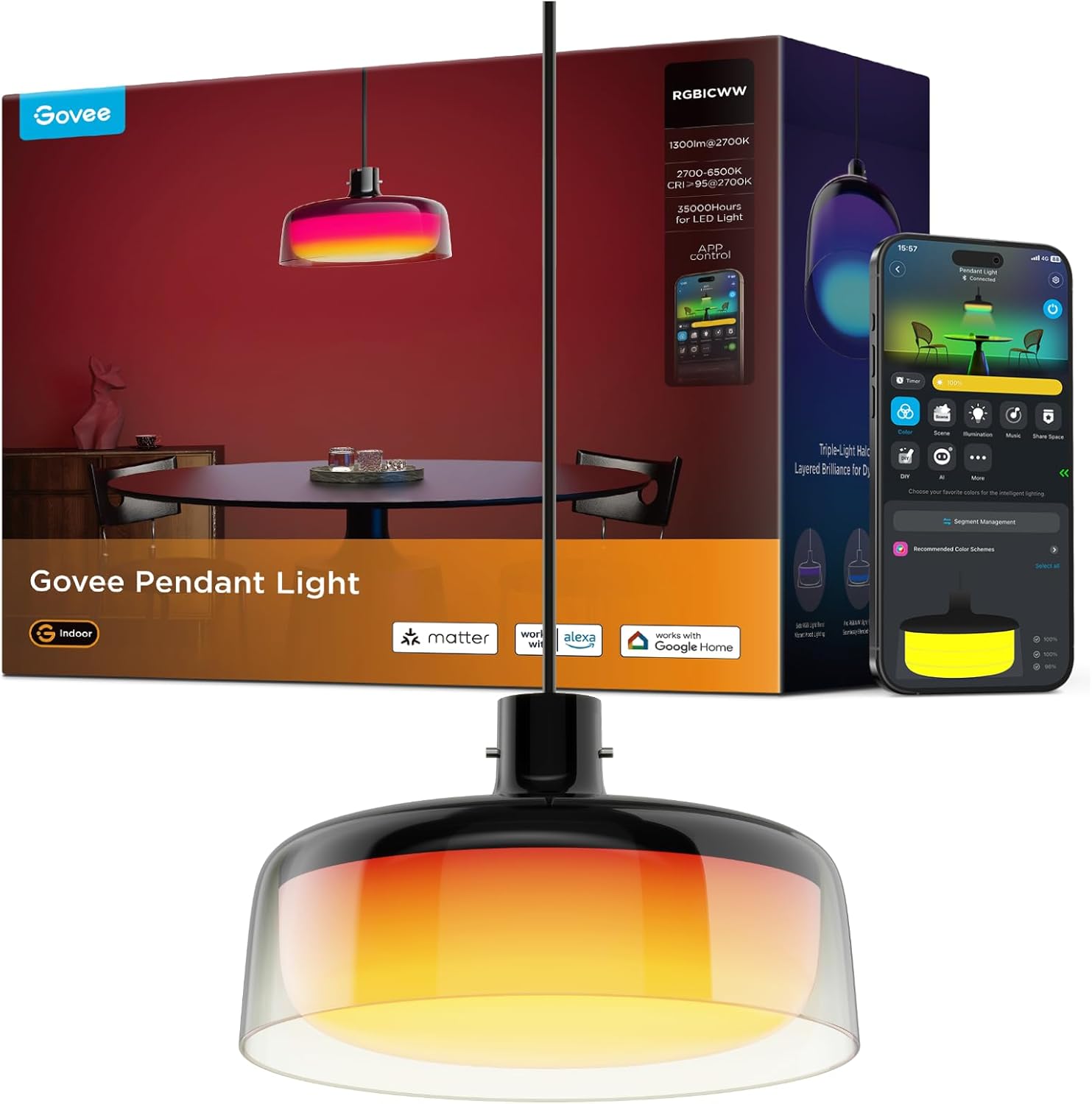 Govee Pendant Lights for Kitchen Island, Three-Layer RGBIC Smart Lighting | 1300LM, Works with Matter & Alexa, 2700K-6500K Dimmable Black Hanging Light Fixture, Adjustable Height for Dining Room