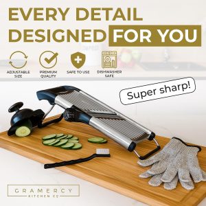 Gramercy Mandoline Slicer for Kitchen with 12 Slice Settings, Black Edition | Slice from Paper-Thin to Thick-Cut with Stainless Steel Frame and Rotating Blade, Non-Slip Base, Gloves and Guard Included