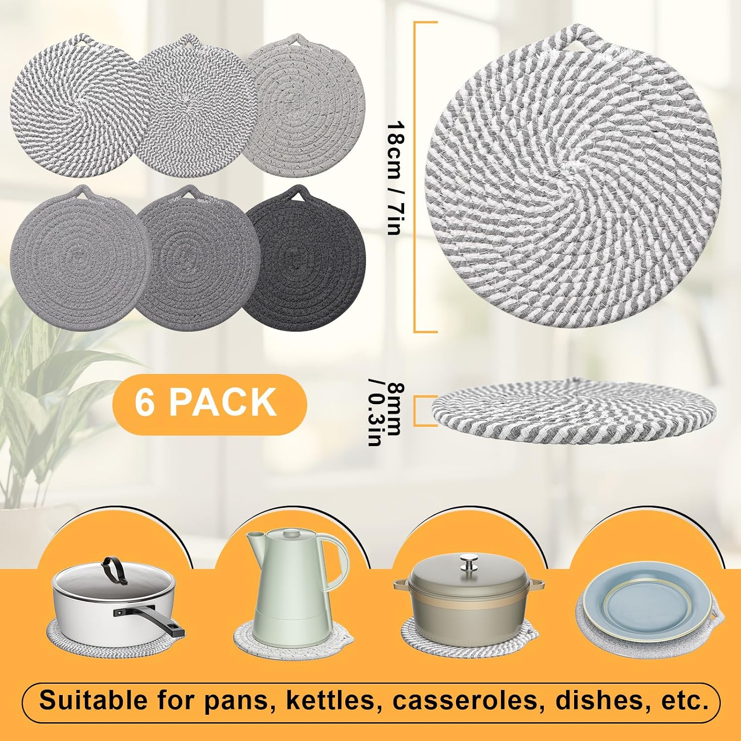 Gray 6-Pack Cotton 7" Trivets: Protect Counters from Heat, Scratches & Stains - Image 2