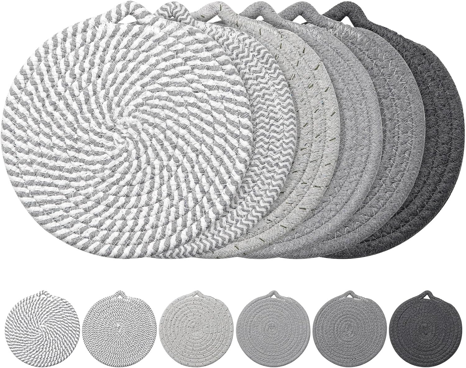 7" Trivets for Hot Dishes, 6 Pack Trivets for Hot Pots and Pans | Cotton Hot Pads for Kitchen Counter and Countertops, Trivets for Quartz Countertops Resist heat, scratches & stains, Gray