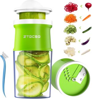 4 in 1 Vegetable Spiralizer Slicer for Veggie Noodles, Adjustable Thickness | Zucchini Spiralizer Veggie Noodle Maker for Cucumber/Zoodle/Salad/Spaghetti/Pasta with Food Container, Cleaning Brush, Green