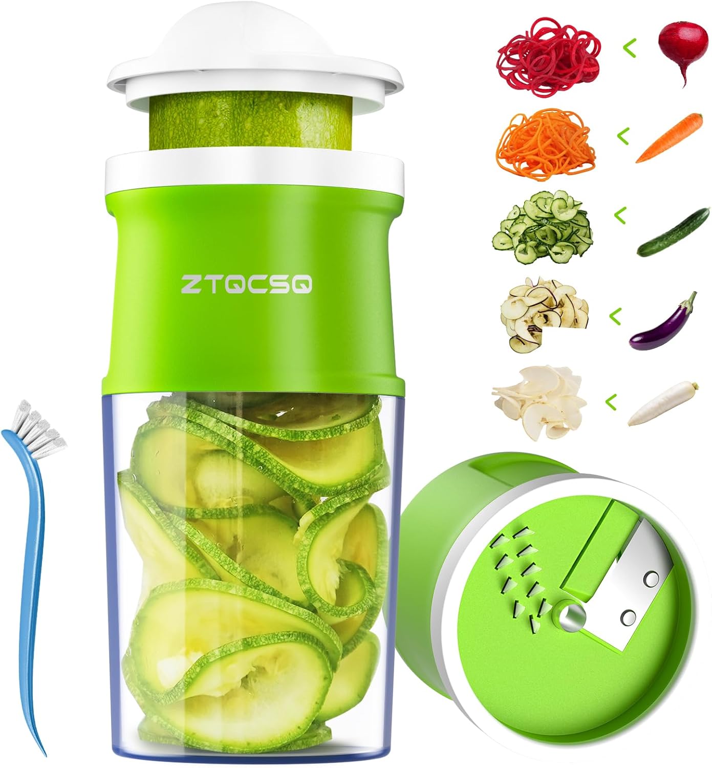 4 in 1 Vegetable Spiralizer Slicer for Veggie Noodles, Adjustable Thickness | Zucchini Spiralizer Veggie Noodle Maker for Cucumber/Zoodle/Salad/Spaghetti/Pasta with Food Container, Cleaning Brush, Green