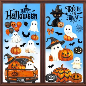 Halloween Window Clings Stickers Decor Fall Halloween Decorations Indoor | 8 Sheets Large Ghost Pumpkin Window Clings for Glass Windows & Doors, Holiday Window Decals for Home Office Classroom Parties