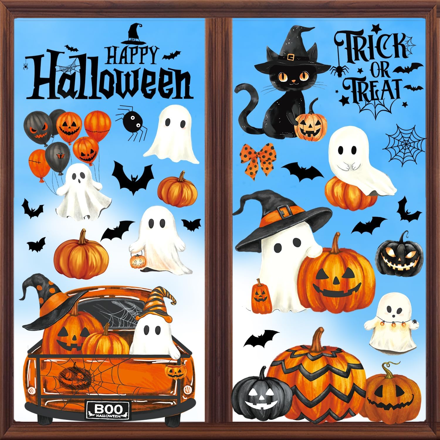 Halloween Window Clings Stickers Decor Fall Halloween Decorations Indoor | 8 Sheets Large Ghost Pumpkin Window Clings for Glass Windows & Doors, Holiday Window Decals for Home Office Classroom Parties