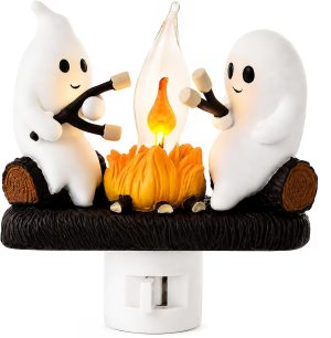 Ghost Campfire Night Light, Plug-in Wall Flickering Flame Nightlight, Halloween 3D Cute Spooky Marshmallow Ghost Decoration for Bedroom, Spooky Season Home Halloween Decor for Kids Adults