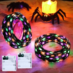 cshare Orange Purple Green Fairy Lights Battry Operated with Timer, Halloween String Lights for Outside 16.4ft 50LED Indoor Outdoor Halloween Decorations Garland Party Patio Garden Yard 2 Packs