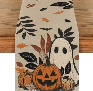 Artoid Mode 210 GSM Halloween Table Runner 13x72 Inch Home Party Decor | Leaves Ghost Pumpkins Bats, Seasonal Kitchen Dining Table Decoration