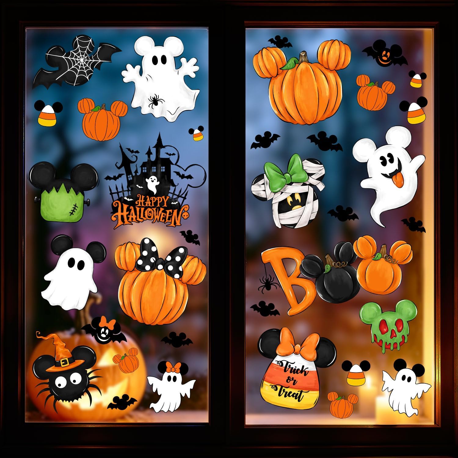 Halloween Window Clings Decorations, 109 PCS Ghost Pumpkin Bats Skeleton Window Stickers, Happy Halloween Double-Sided Cute Reusable Decals for Holiday Home Party Decor 9 Sheets