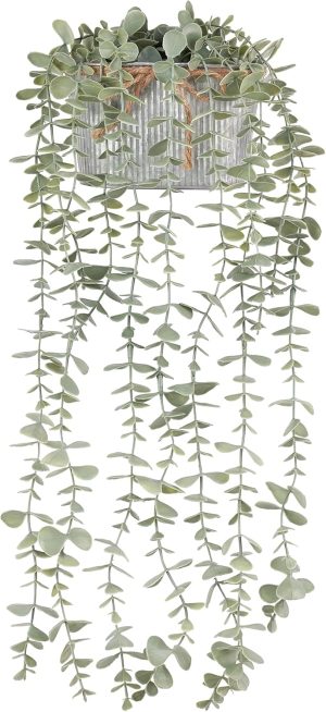 Mkono Fake Hanging Plants in Farmhouse Galvanized Pots for Shelf Decor Grey | Artificial Hanging Eucalyptus, Faux Greenery Plant, Rustic Bathroom Bookshelf Living Room Bedroom Wall Office Home Aesthetic