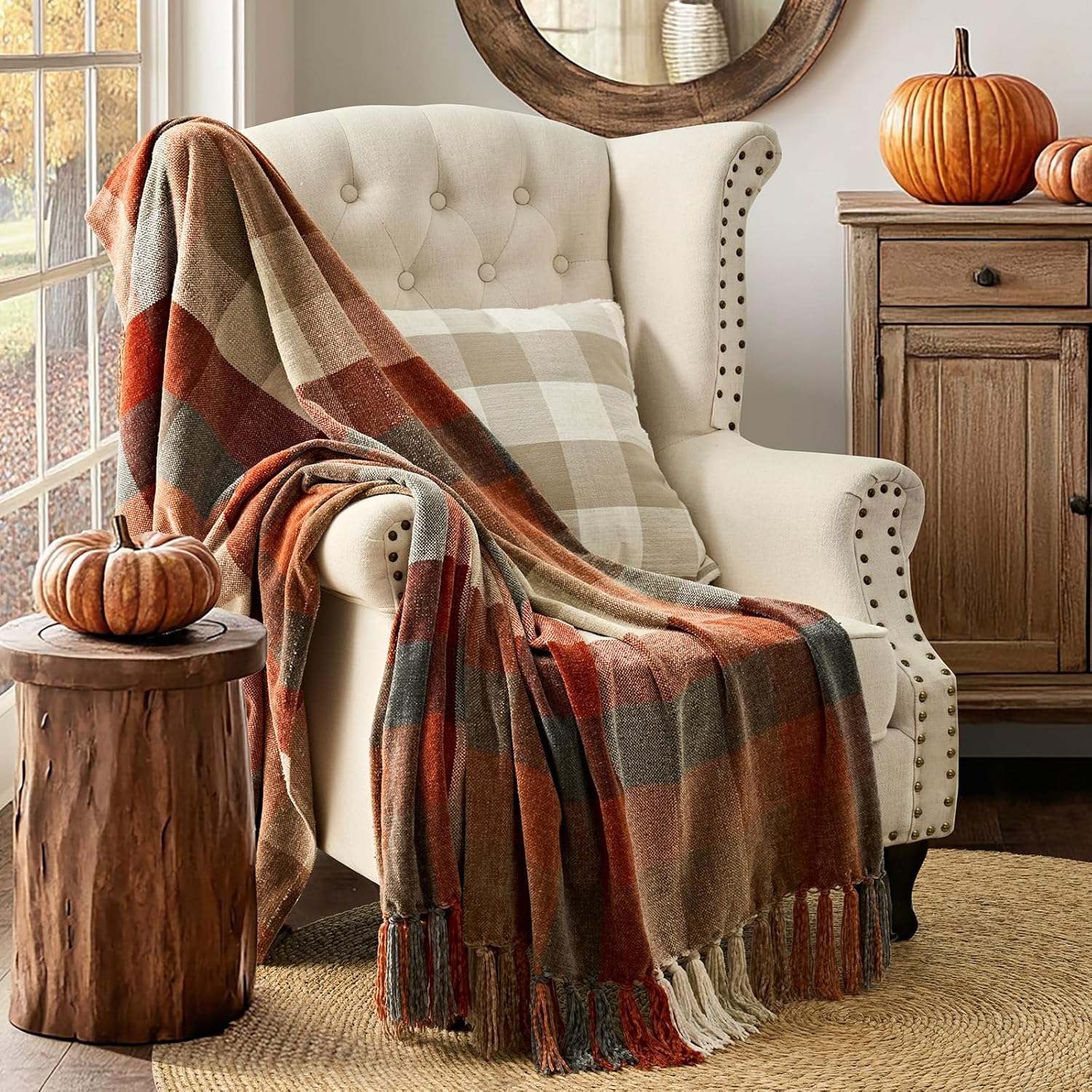 Harvest Orange Plaid Chenille Throw, 50x60" Soft Cozy Fall Farmhouse Decor. - Image 2