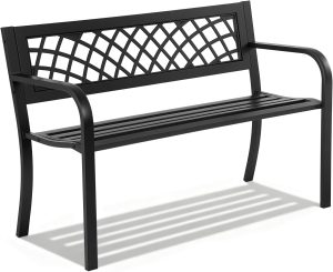 FDW | 46" Outdoor Garden Bench | Black | 480lbs Load Capacity | Heavy Duty Metal Patio Bench with Grid Design | Rust & Weather-Resistant | For Lawn, Yard, Parks, Patio, Porch, Entryway