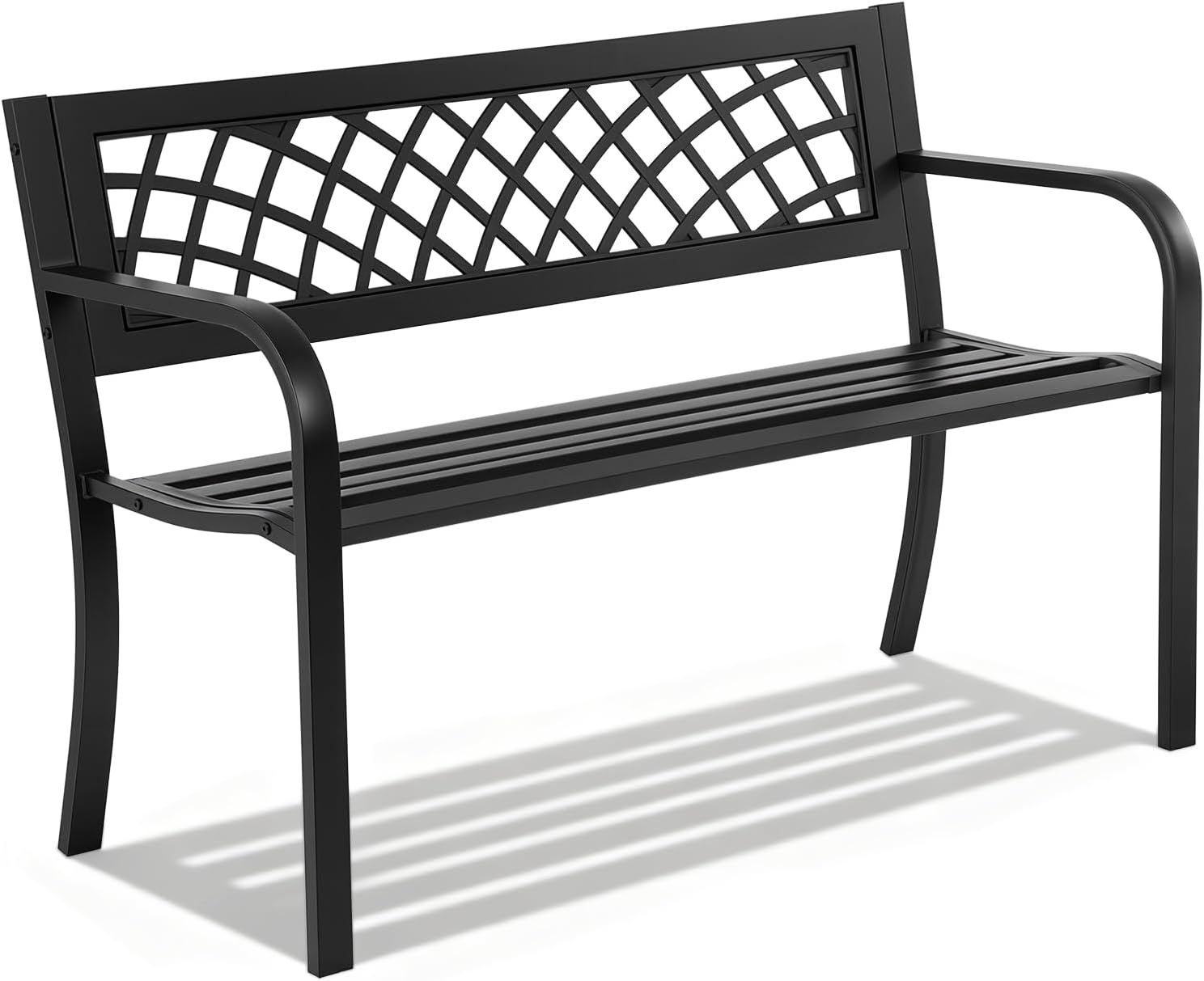 FDW | 46" Outdoor Garden Bench | Black | 480lbs Load Capacity | Heavy Duty Metal Patio Bench with Grid Design | Rust & Weather-Resistant | For Lawn, Yard, Parks, Patio, Porch, Entryway