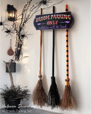Halloween Decorations - Broom Parking Sign with 3 Wooden Witches Brooms | Hocus Pocus Decor, Halloween Decor, Front Porch Wall Decoration, For Indoor Outdoor Home Office Party