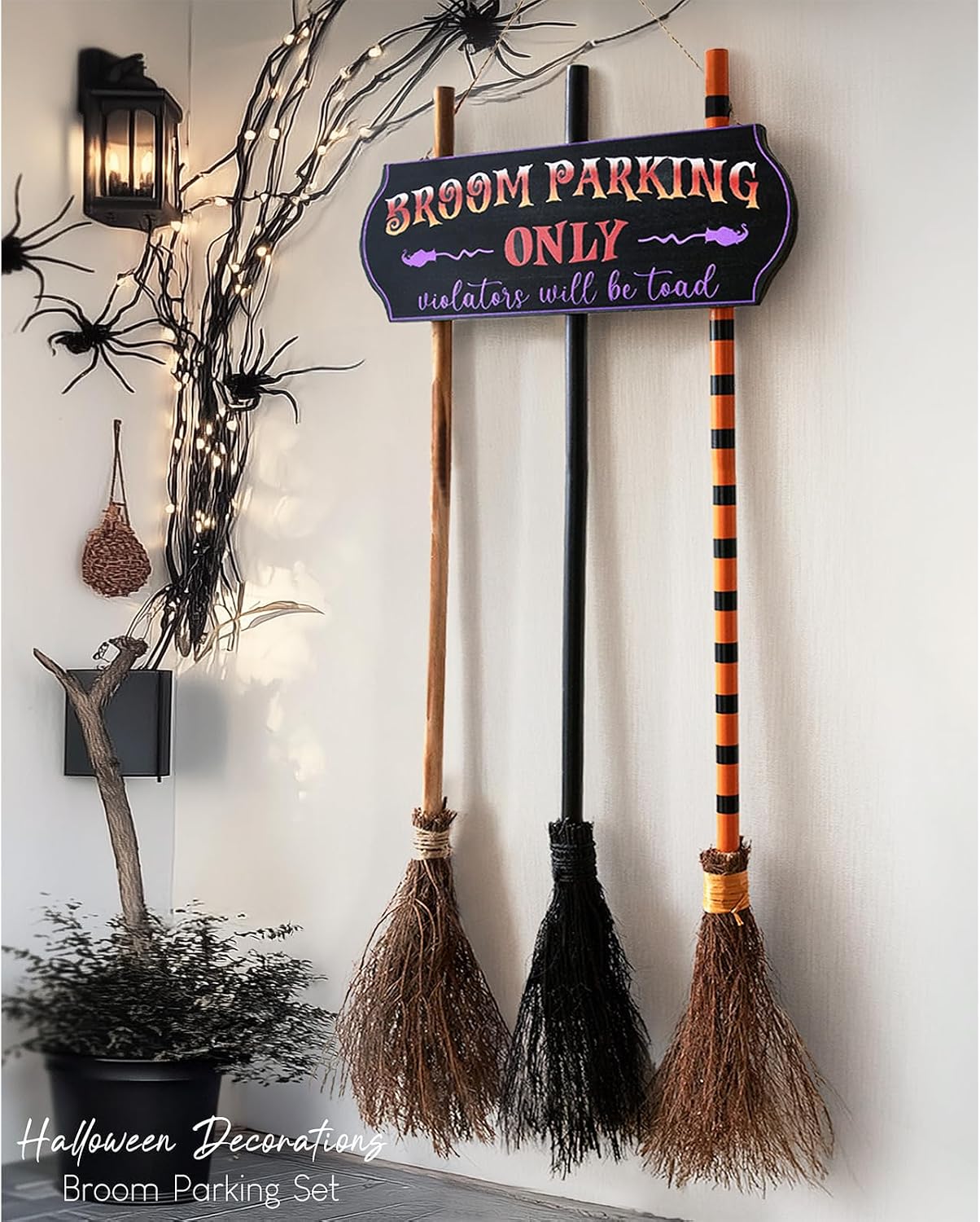 Halloween Decorations - Broom Parking Sign with 3 Wooden Witches Brooms | Hocus Pocus Decor, Halloween Decor, Front Porch Wall Decoration, For Indoor Outdoor Home Office Party