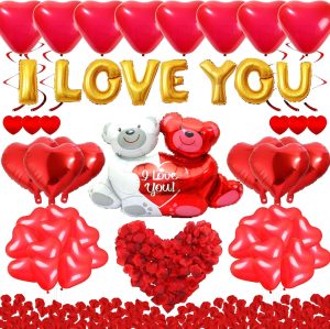 Rainmae I Love You Gold Balloons and Heart Balloons Kit with 1000 Pcs Dark-Red Silk Rose Petals Romantic Flower Decoration Love-Bear Red Heart Balloons for Valentine Day Wedding Party Decorations