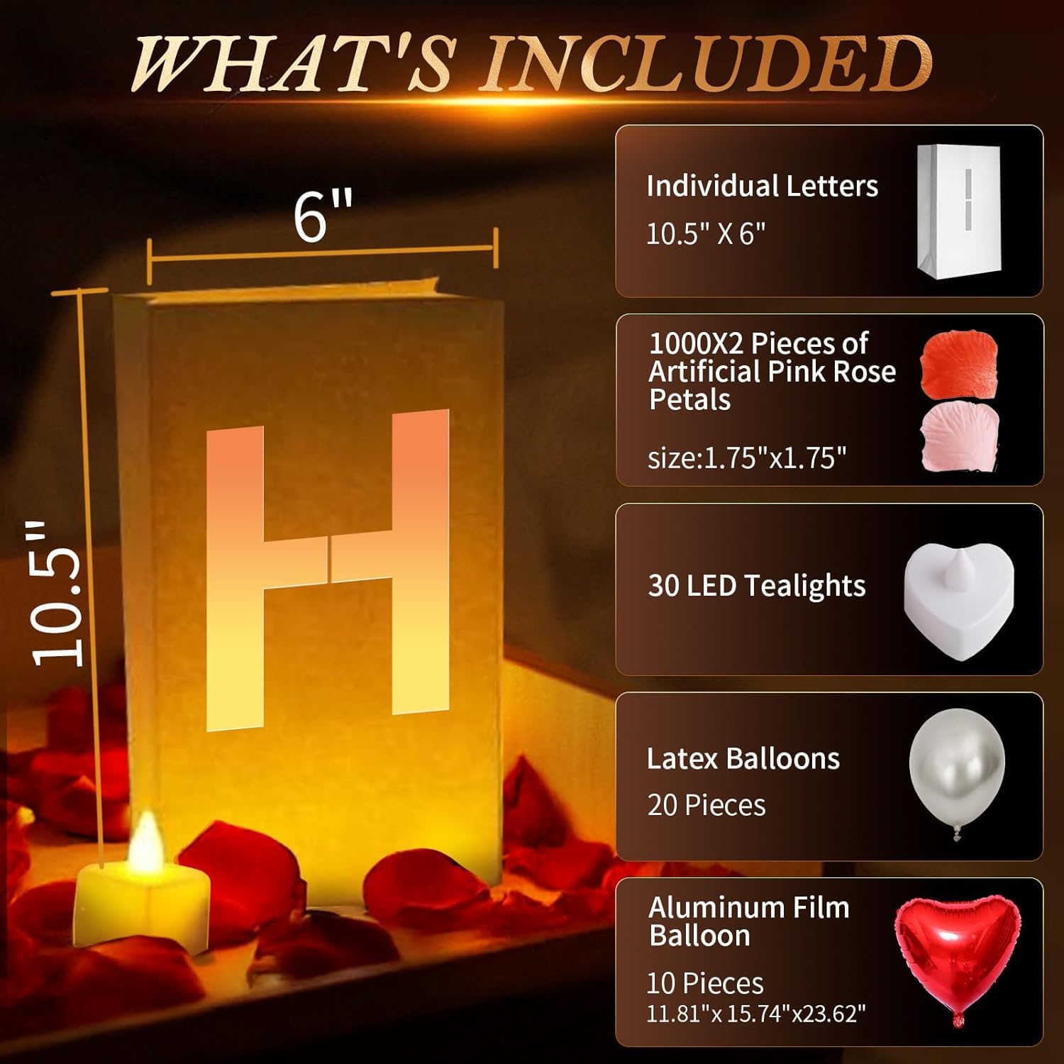 "I Love You" Luminary Kit: Letters, Petals, Balloons, Tealights. Anniversaries & V-Day. - Image 2