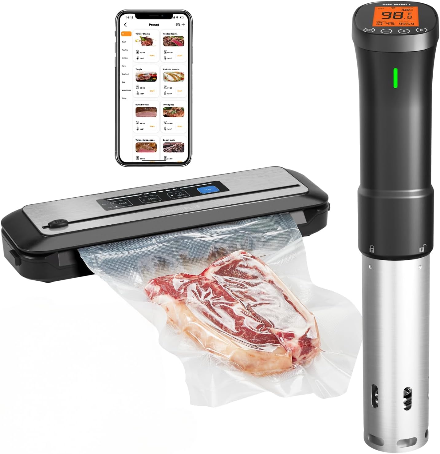 INKBIRD 2.4G WIFI Sous Vide Cooker Bundle with Vacuum Sealer Machine,1000W Sous-Vide Kits, Immersion Circulator for Sous Vide Mahine with 14 Preset Recipes on Thermal Immersion