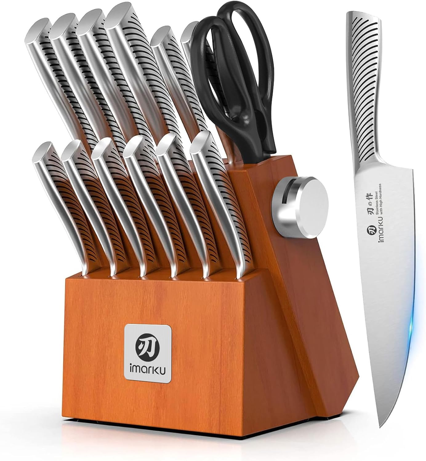 imarku 14 Piece Stainless Steel Knife Set with Build-in Sharpener | Japanese High-Carbon Stainless Steel Blades | 56±2 HRC Hardness | Full Tang Ergonomic Handle | Ideal Home Cooking Gift