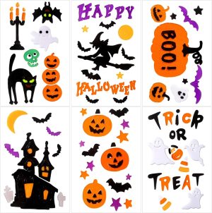 JOICEE 6 Sheets Halloween Gel Window Clings Decor | Happy Halloween Pumpkins Witch Ghost Bats Castle Thick Gel Window Stickers Decals for Home Classroom Window Party Decoration