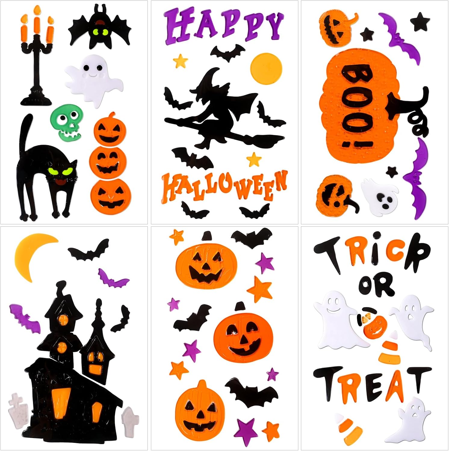 JOICEE 6 Sheets Halloween Gel Window Clings Decor | Happy Halloween Pumpkins Witch Ghost Bats Castle Thick Gel Window Stickers Decals for Home Classroom Window Party Decoration