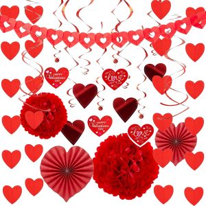 JOYIN 27 Pieces Valentines Day Swirl String Cutout, Decoration Kit with Heart Shaped Garland, Tissue Fans,Tissue Poms, Heart String, Double Swirls and Other for Valentines Party Wedding Anniversary