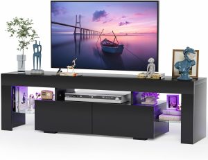 JUMMICO 63 Inch Modern LED TV Stand for 70 Inch TV (Black) | Modern Entertainment Center with 20 Color LED Lights, 2 Large Storage Drawers&Glass Shelves, Media TV Console for Living Room
