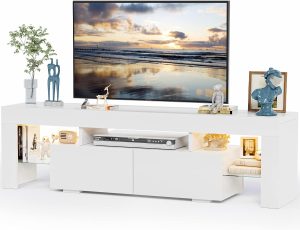 JUMMICO 63 Inch Modern LED TV Stand for 70 Inch TV (White) | Modern Entertainment Center with 20 Color LED Lights, 2 Large Storage Drawers&Glass Shelves, Media TV Console for Living Room