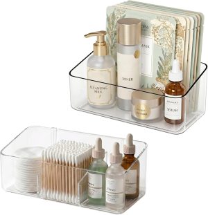 JessLab Clear Acrylic Cabinet Organizer Bins, Angled Open Front Wall Storage Box for Kitchen Spice Jars, Makeup, Desk Supplies, Adhesive Mount, 1 Compartment and 3 Compartment (2 Pack)