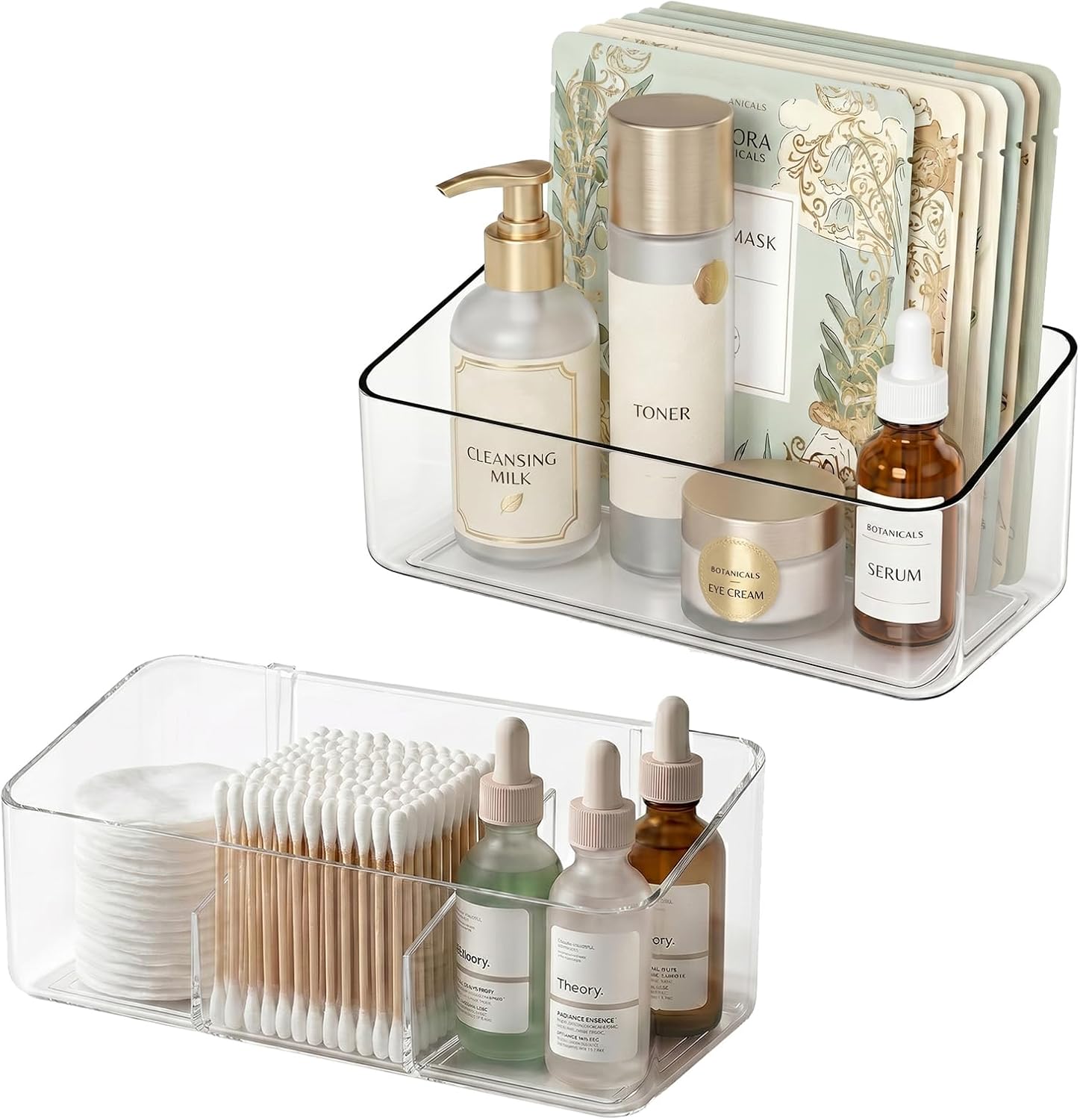 JessLab Clear Acrylic Cabinet Organizer Bins, Angled Open Front Wall Storage Box for Kitchen Spice Jars, Makeup, Desk Supplies, Adhesive Mount, 1 Compartment and 3 Compartment (2 Pack)