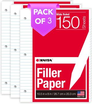 KAISA Filler Paper Loose Leaf Paper, Wide Ruled Paper, 8"x10-1/2", 3-Hole Punched Binder Paper For 3-Ring Binders,150 Sheets/pack 3Pack, F15001W