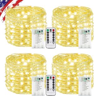 KAQ Fairy Lights Battery Operated with Remote, 4Pack 80FT 240LED Warm White | Timer and 8 Modes, Cuttable Starry Twinkle String Lights for Bedroom, Wedding, Classroom and Christmas Decor