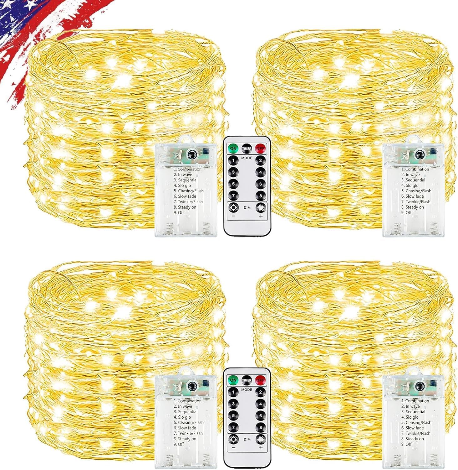 KAQ Fairy Lights Battery Operated with Remote, 4Pack 80FT 240LED Warm White | Timer and 8 Modes, Cuttable Starry Twinkle String Lights for Bedroom, Wedding, Classroom and Christmas Decor