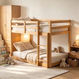 PVWIIK Full Over Full Bunk Bed with Ladder&Guard Rails, Natural | Ladder & Safety Guard Rails, Wood Frame, For Kids, Boy, Girl Bedroom