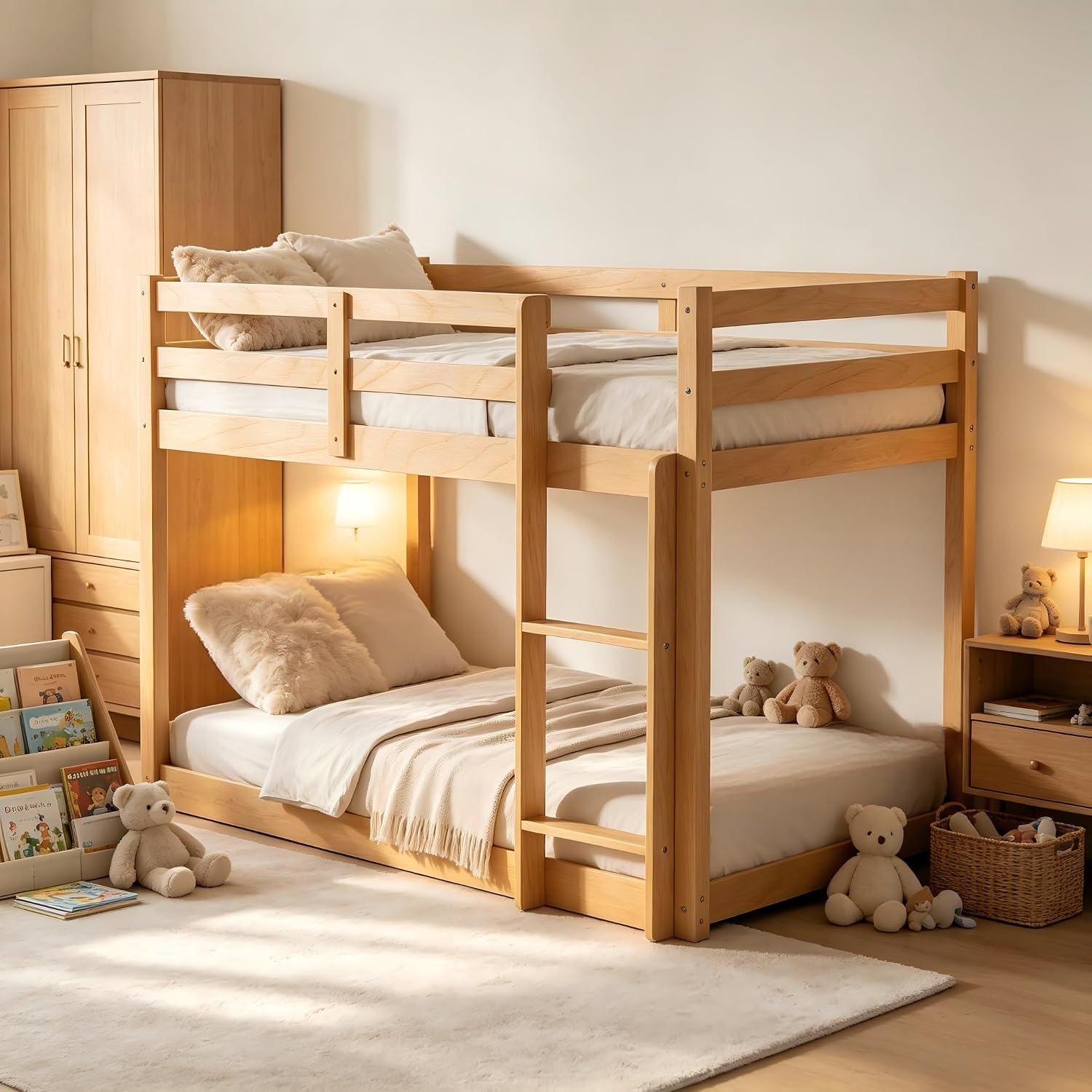 PVWIIK Full Over Full Bunk Bed with Ladder&Guard Rails, Natural | Ladder & Safety Guard Rails, Wood Frame, For Kids, Boy, Girl Bedroom