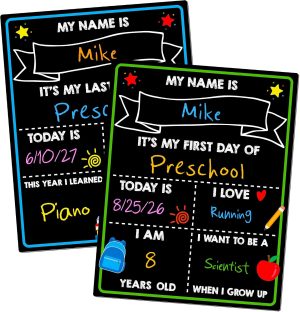 First Day of School Sign, 14 x 11 in Double-Sided & Reusable Board for Kids | Reusable Back to School Supplies, Double Sided First and Last Day of School Board, Easy Clean Blank Writing Board for Pre-k