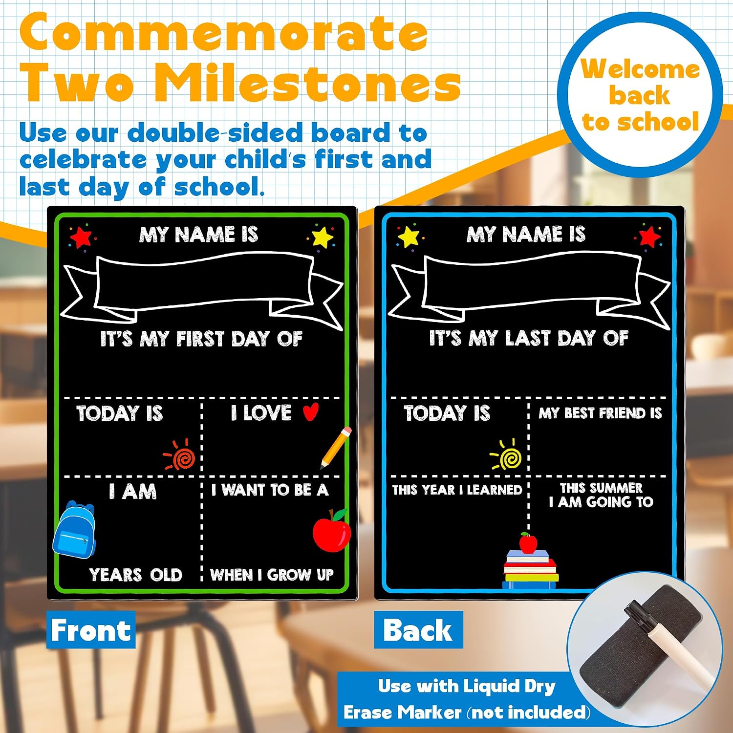 kids reusable first last day school sign double sided board.jpg