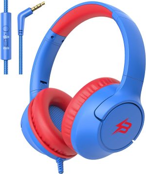 Wired Headphones for Kids for School, 3.5mm Cord Safe Volume Limit, Blue | Over Ear Headphones with Mic, 85/94dB for Boys Girls Toddler, Foldable Plug in Headphone for Kindle Tablet Airplane Travel