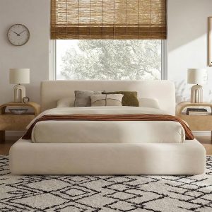 King Cloud Bed Frame, Upholstered Platform Bed Frame with Headboard, 5.9" Thick Fully Padded Frame, Cream Ribbed Chenille Fabric, Noise-Free, No Box Spring Required, Easy Assembly