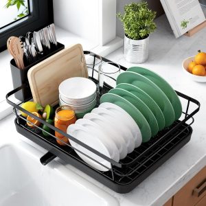 Kitsure Dish Drying Rack for Kitchen Counter, 12''W x 15.5''L, Black | Stainless Steel Sink Organization, Cutlery Holder, Home and Appartment Decor