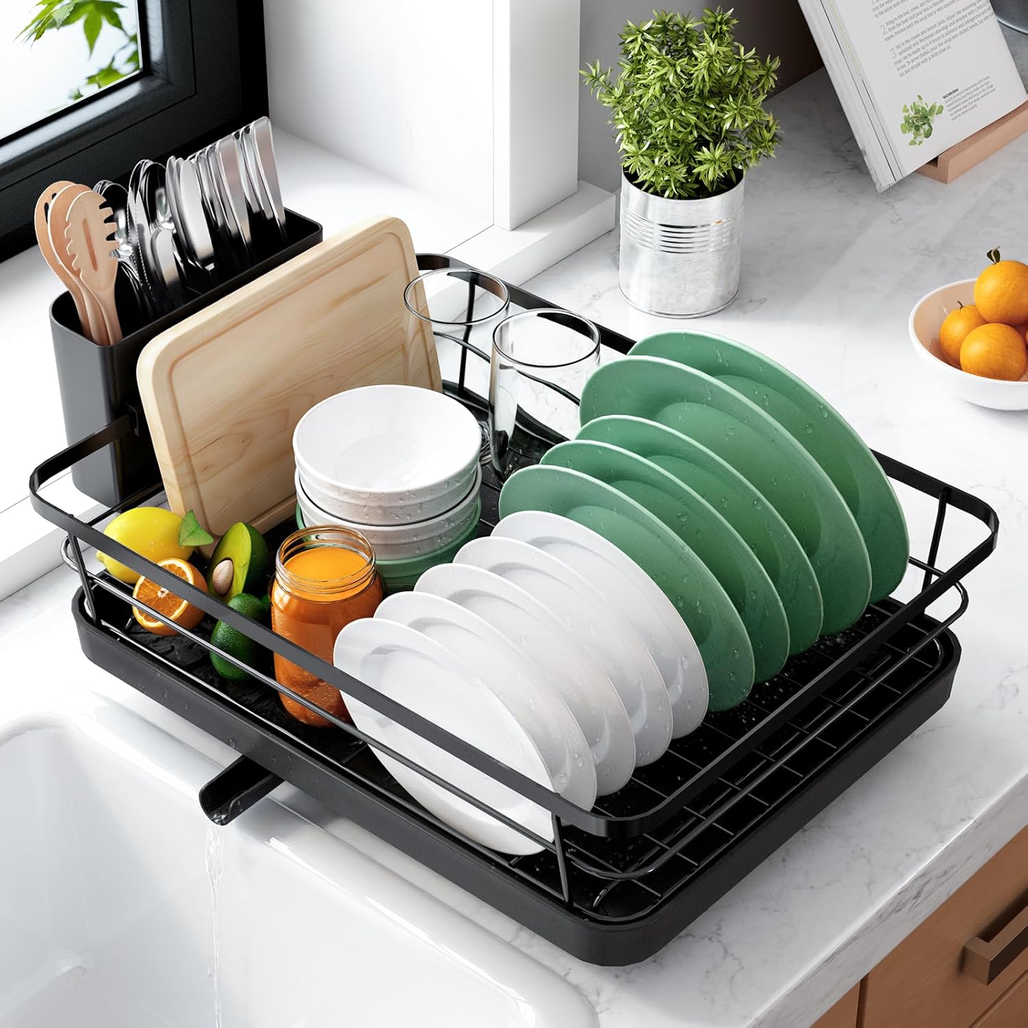 Kitsure Dish Drying Rack for Kitchen Counter, 12''W x 15.5''L, Black | Stainless Steel Sink Organization, Cutlery Holder, Home and Appartment Decor