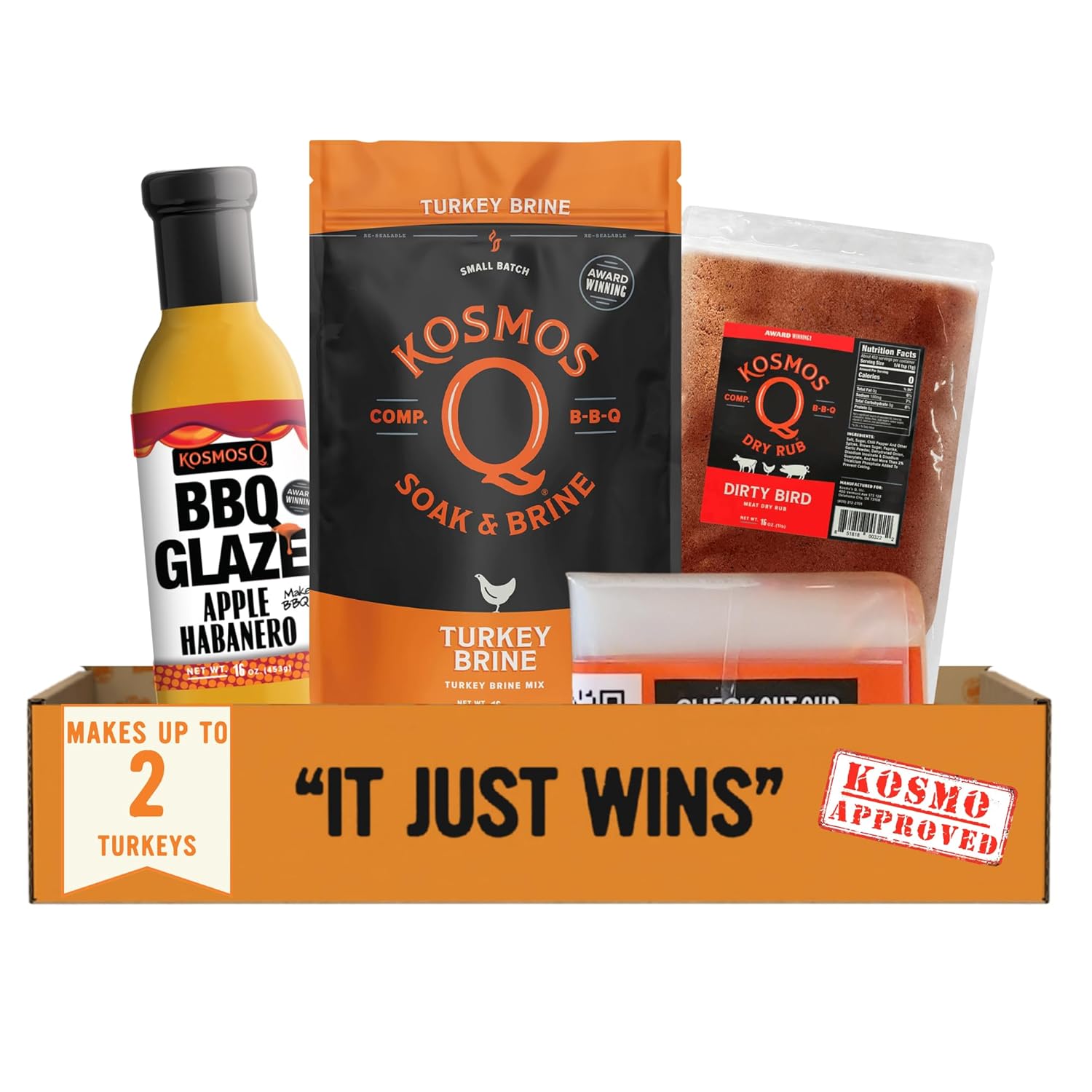 Kosmos Q Complete Turkey Brine Kit for Him, Turkey Brine, Dirty Bird BBQ Rub & Cherry Apple Habanero Glaze, All-in-One Turkey Seasoning Kit for Smoked, Roasted & Grilled Turkey